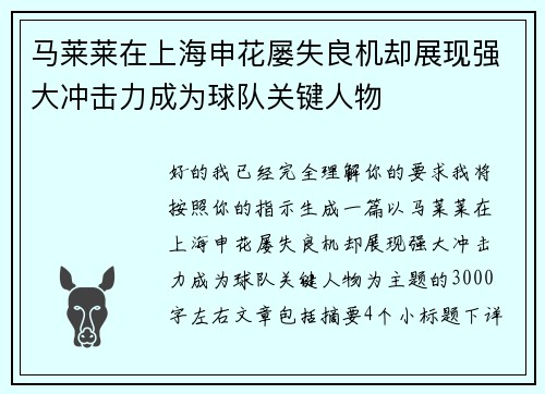 马莱莱在上海申花屡失良机却展现强大冲击力成为球队关键人物